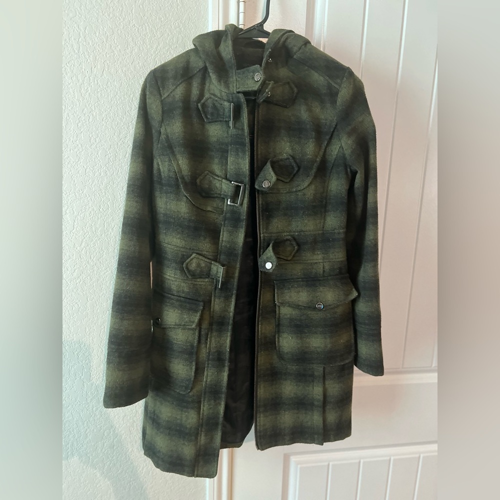 Steve Madden Hooded Plaid Green Wool PeaCoat with silver hardware.
